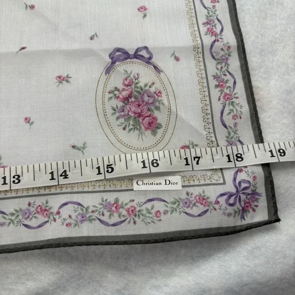 CHRISTIAN DIOR Scarf Handkerchief Floral Rose Ribbon Cotton White Fashion 18.5" - Picture 4 of 4